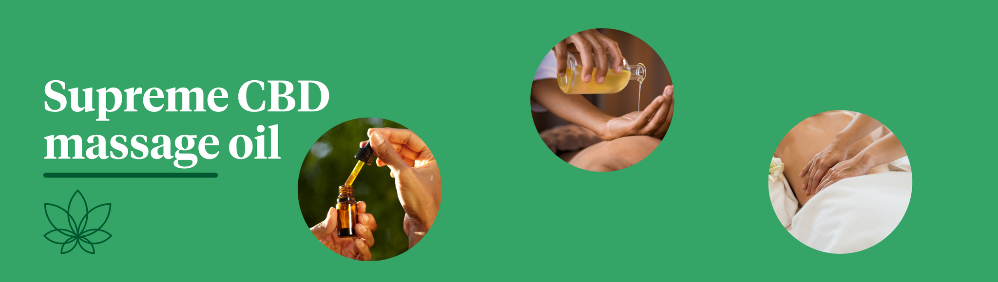 A green background with three images showing the process of CBD massage oil