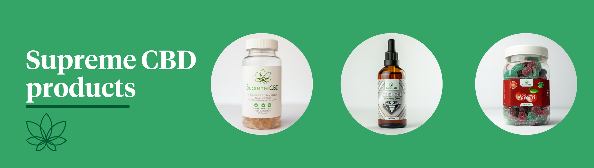 A green background showcasing three highly regarded products by Supreme CBD, the Supreme CBD capsules, the Supreme CBD oil and the Supreme CBD gummies.