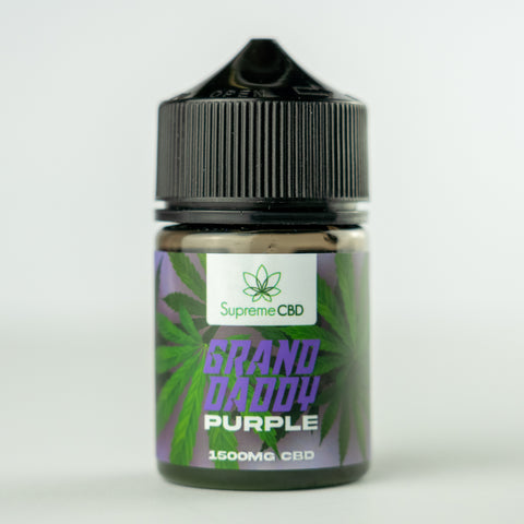 A bottle of Supreme CBD Grand Daddy Purple e-liquid with a green label on a white background.