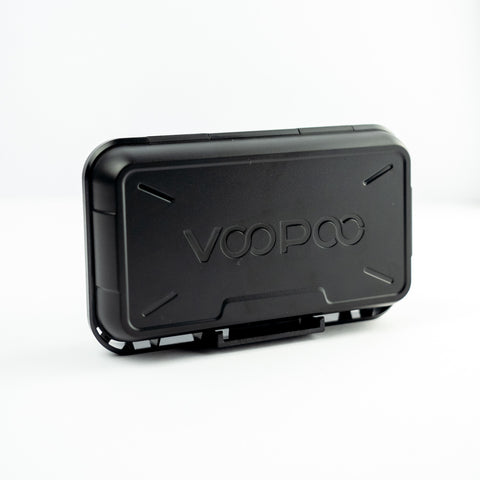 A black Voopoo vape pen box with the Voopoo logo embossed on the lid, on a white background.