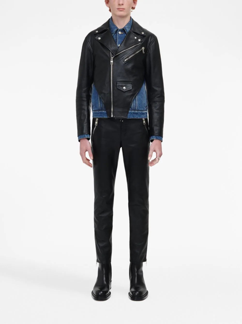 Shop Alexander Mcqueen Leather Panelled Denim Jacket