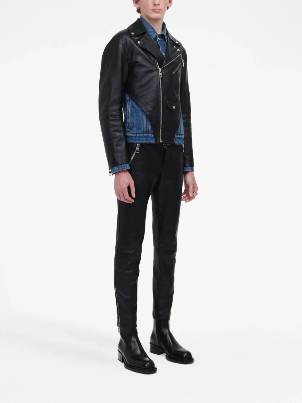 Shop Alexander Mcqueen Leather Panelled Denim Jacket