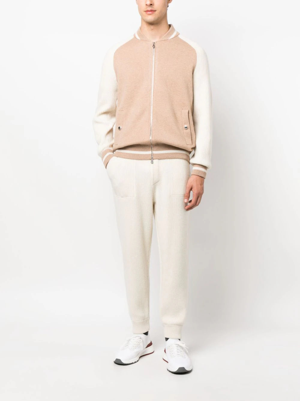 Shop Brunello Cucinelli Knitted Zipped Varsity Jacket