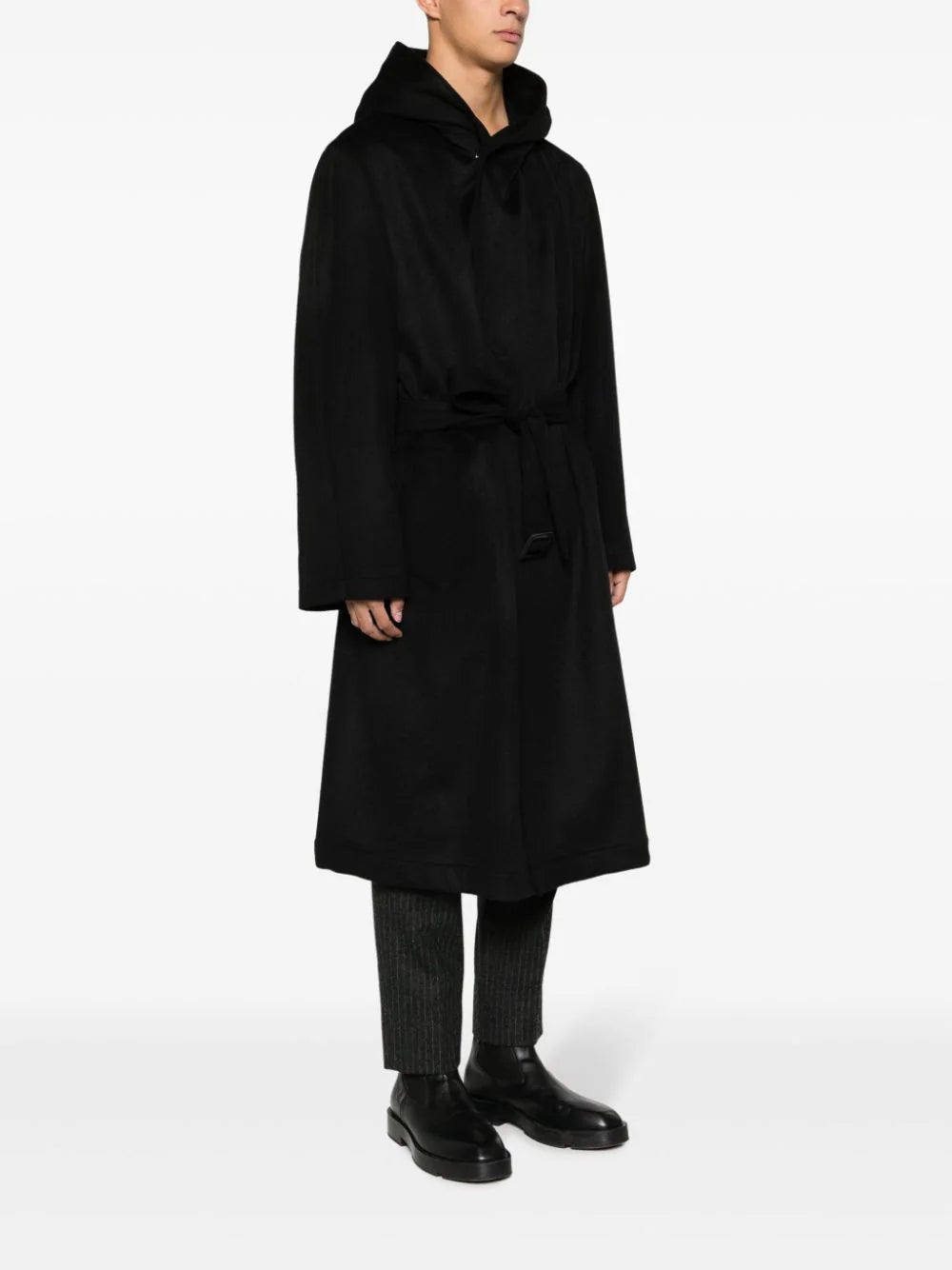 Shop Yohji Yamamoto Hooded Belted Coat