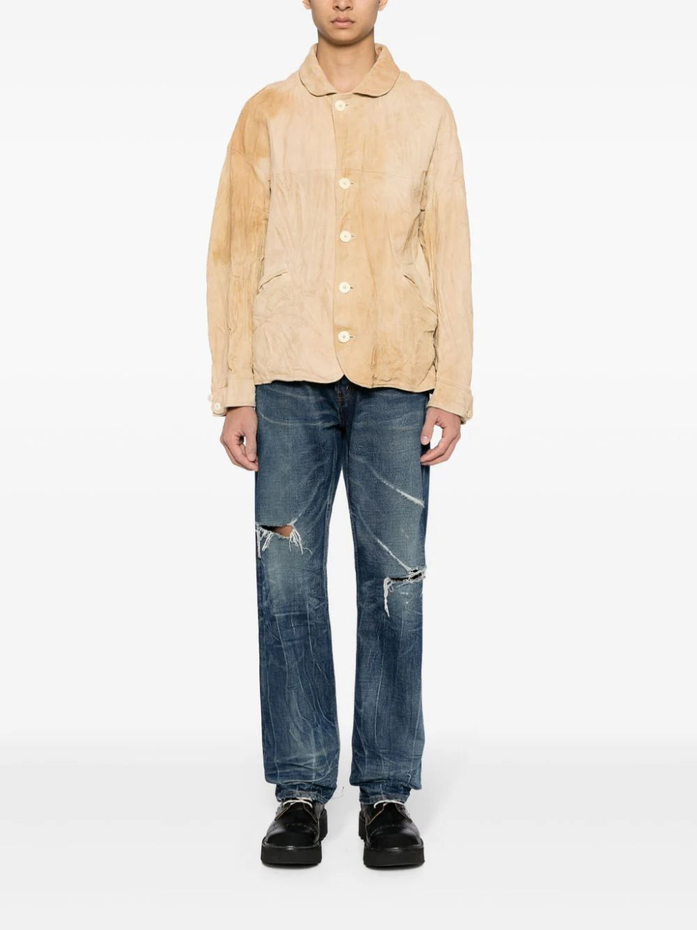 Shop Visvim Crinkle-finish Leather Jacket