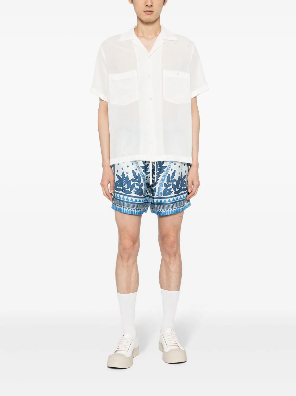 Shop Amiri Graphic-print Silk Shorts