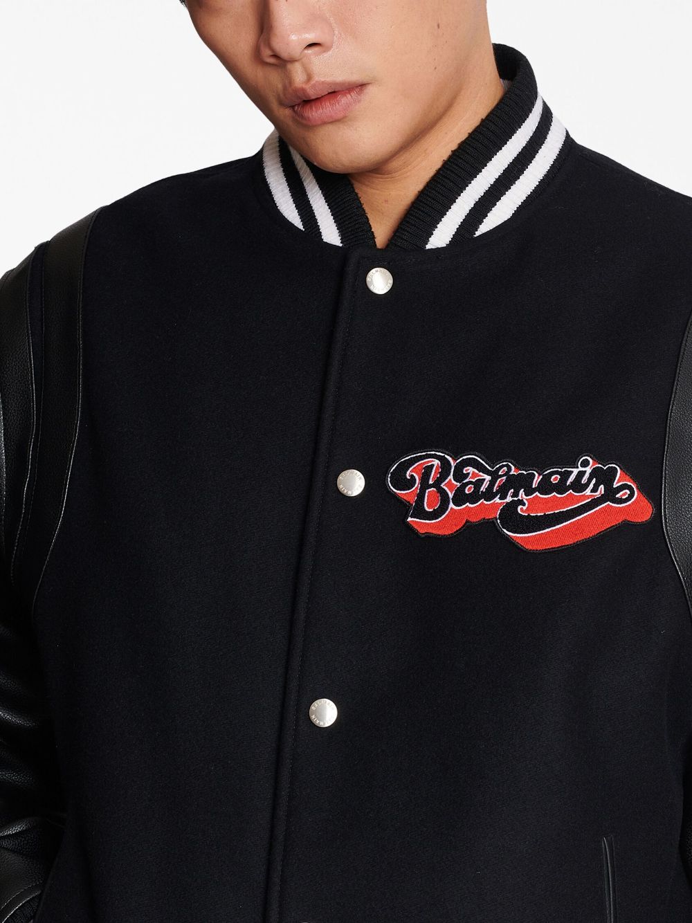 Shop Balmain Logo-patch Virgin Wool Bomber Jacket