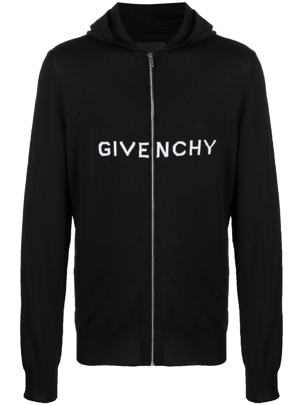 Givenchy Intarsia Knit-logo Wool Hooded Jacket In Black