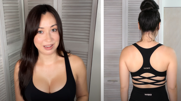 Blogger showing off classic black sports bra