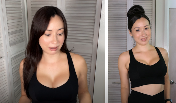 Blogger showing off classic black sports bra