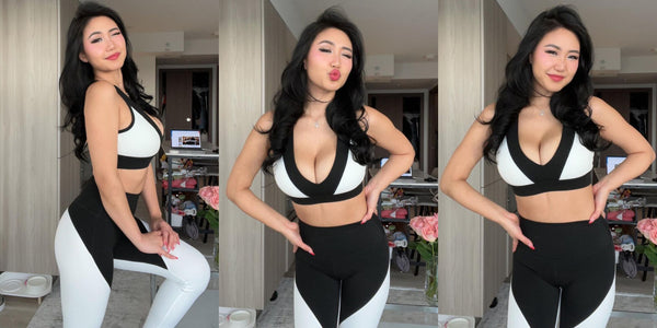 Lena Joo showcasing her favorite black and white color-blocked workout set.