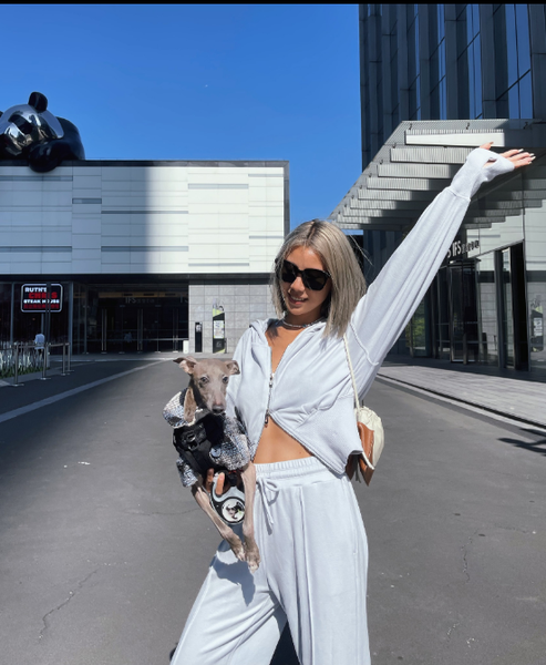 The girl wearing a sophisticated hoodie and sunglasses is playing with the puppy outdoors.