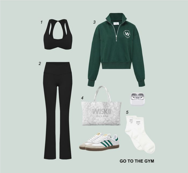 Show your identity together. The picture includes a vest, leggings, jacket, gym bag, headphones, shoes, and socks.