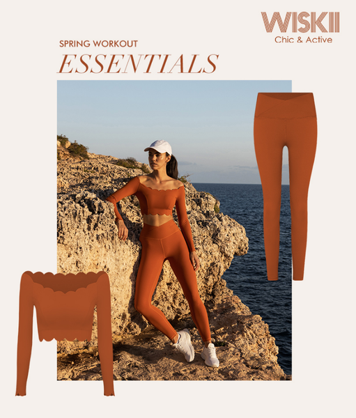 A model showcasing a warm sunset terracotta sculpting activewear set with a baseball cap, by the seaside.
