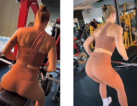 The model is wearing a WISKII activewear set while working out in the gym using equipment.