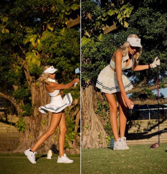 The white polo sports bra and white tennis skirt are elegant and comfortable.