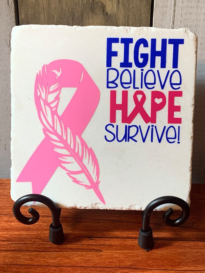 Pink Ribbon Feather, Breast Cancer Awareness Stone Plaque 4x4