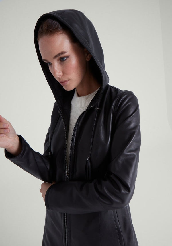 Liana Black Reversible Leather Jacket with Hood