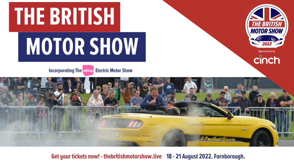 An banner displaying the dates of The British Motor Show with a picture of a stunt driver on a race track with Mike Brewer using a microphone.