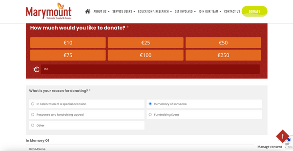 First page of the Marymount Donation page, entering €158 as the total to donate, and selecting the donation to be in memory of Rita Malone.