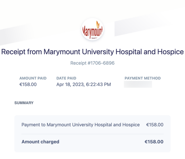 Email receipt of the donation to Marymount University Hospital and Hospice to the amount of €158 paid on April 18th 2023, at 6:22:43 PM (Irish Time).