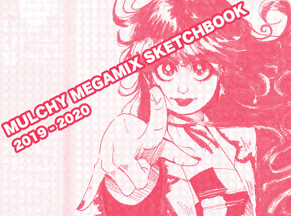 White and red screentone image of Tiffany Paradiso looking towards the viewer and pointing towards them. The text on the image reads, MULCHY MEGAMIX SKETCHBOOK 2019 - 2020