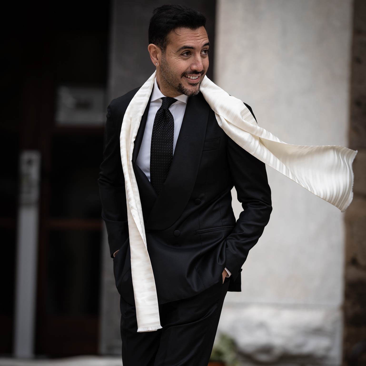 Silk satin scarf for men - white and black