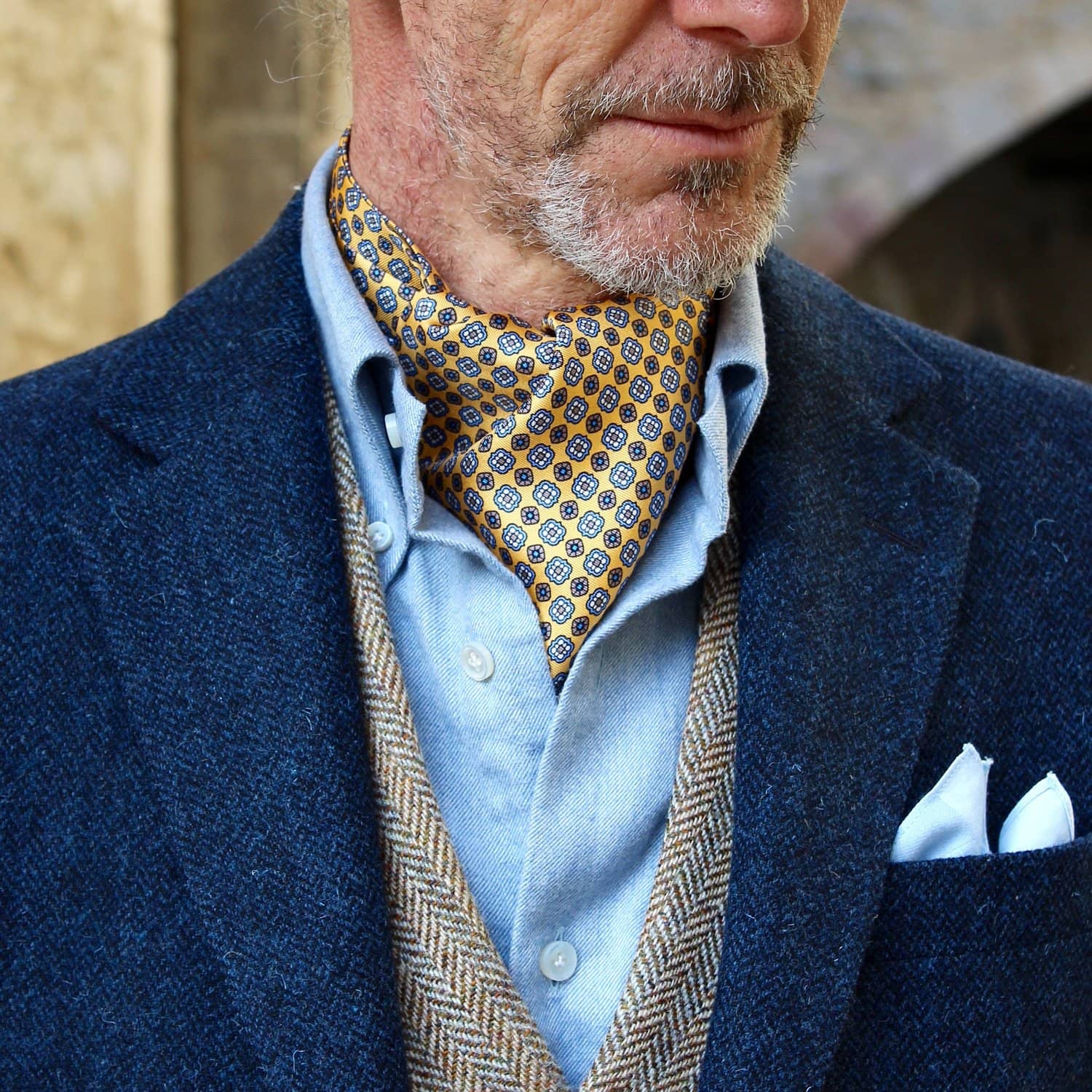 Silk Ascot Tie - Yellow & Blue Print - Made in Italy - Elizabetta