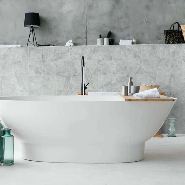grey marble look porcelain tiles featured on a bathroom