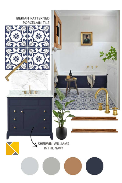 Mood board composed by dark blue patterned tiles