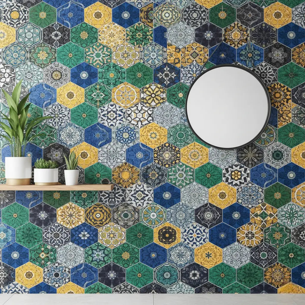 Stylish accent wall featuring a vibrant mix of colored and patterned hexagon tiles for a dynamic look.