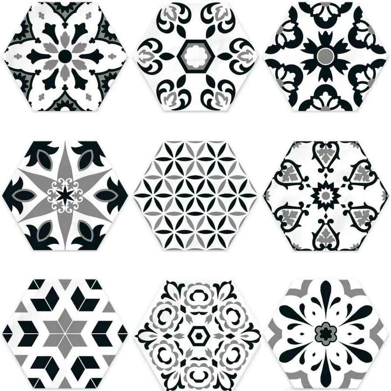 Patterned Porcelain Hexagon Tile Black and White 6x7 for stylish and durable shower walls and floors.