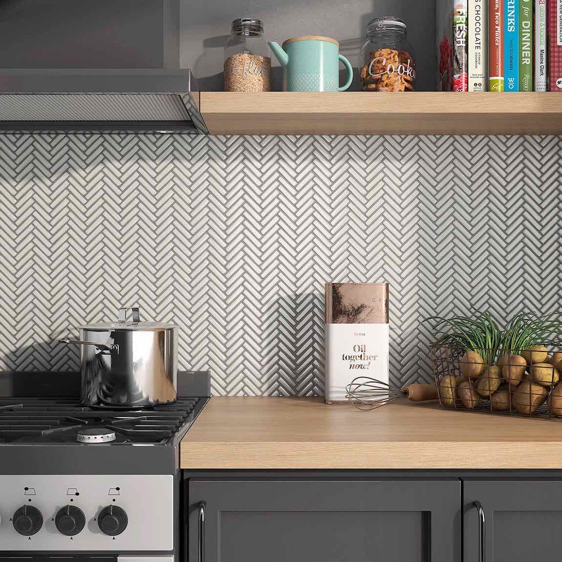 Herringbone Mosaic Tile Vintage Pearl White