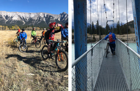 A group of people riding their eBikes in the Rocky Mountains of Alberta
