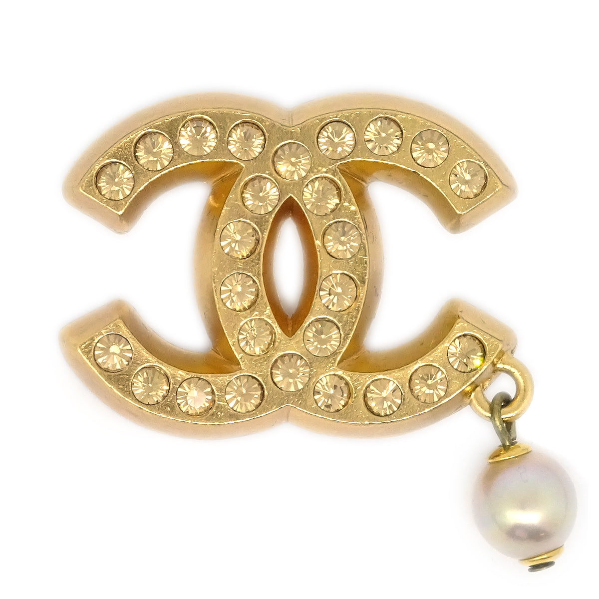 image of Chanel Rhinestone Artificial Pearl Brooch Pin Gold 02P