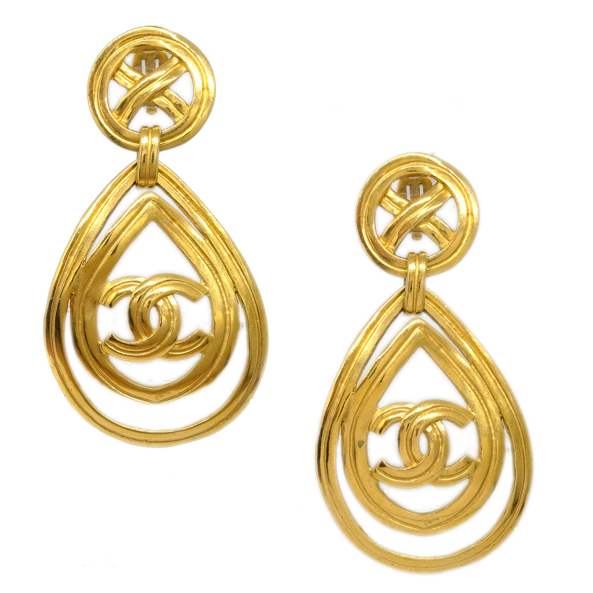 image of Chanel Dangle Hoop Earrings Clip-On Gold 96P