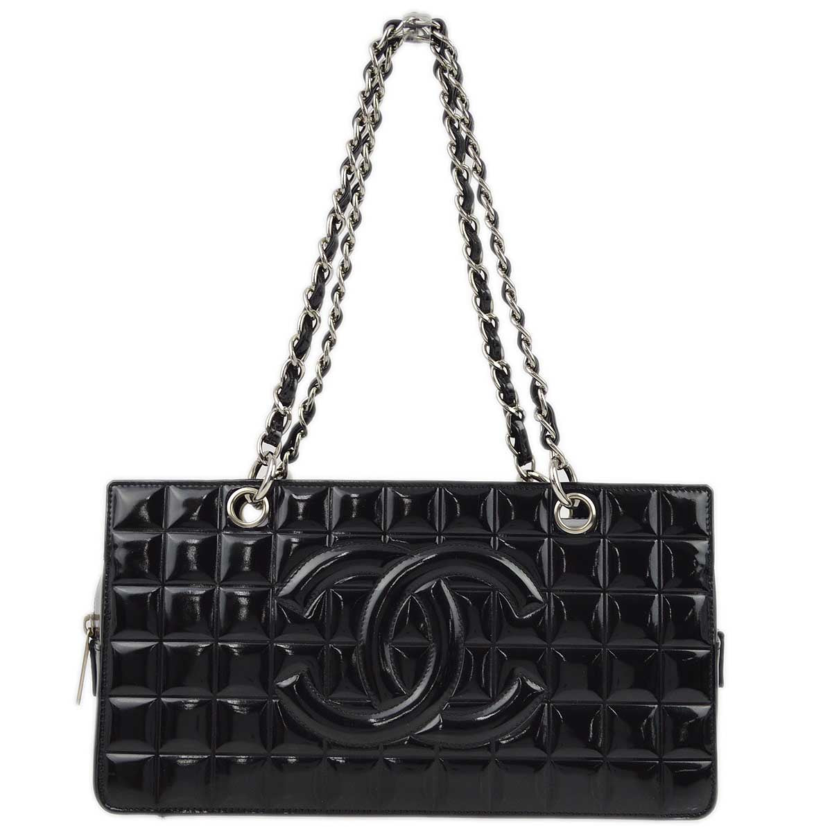 Image of Chanel 2001-2003 Black Patent Leather Choco Bar Chain Handbag