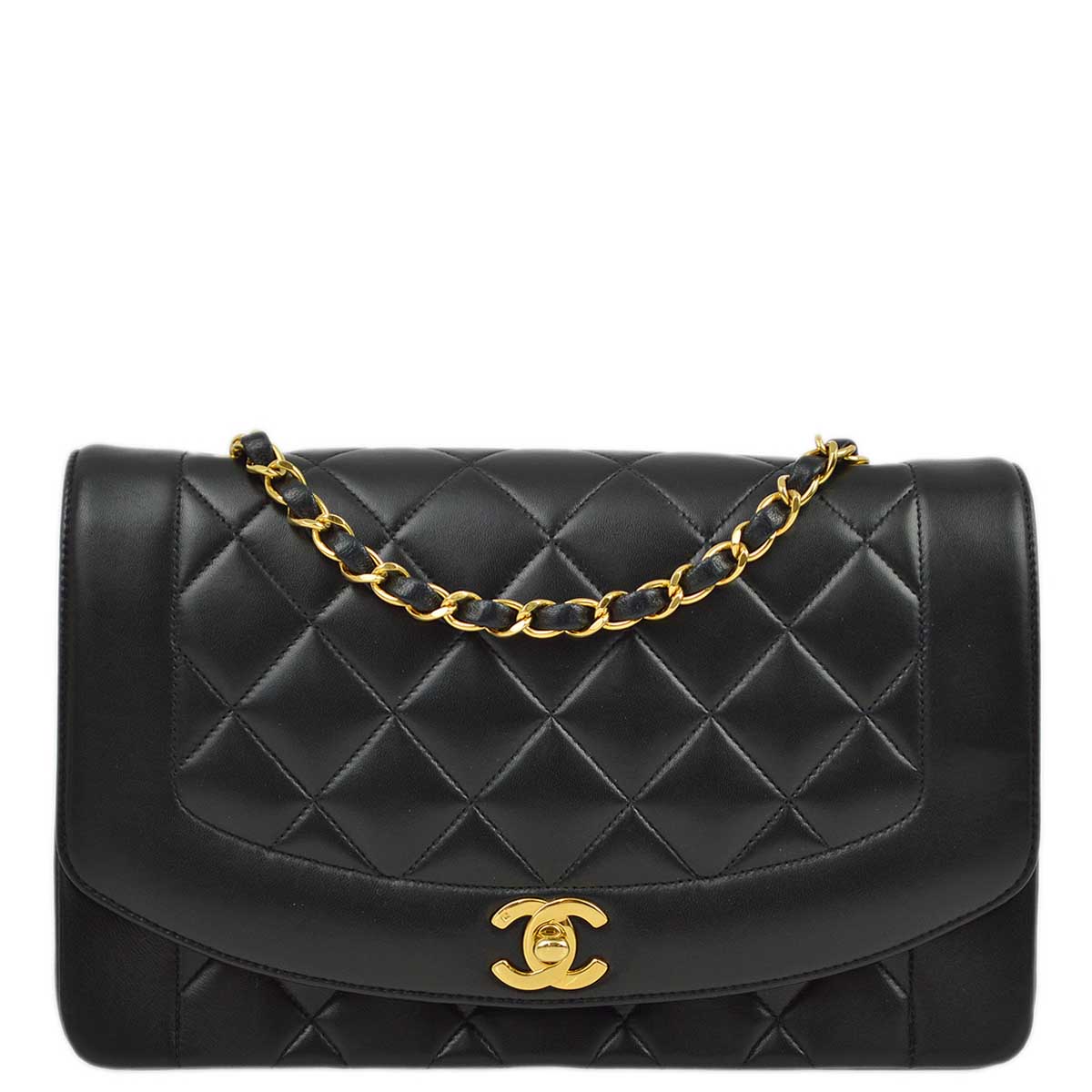 image of Chanel 1991-1994 Black Lambskin Medium Diana Shoulder Bag