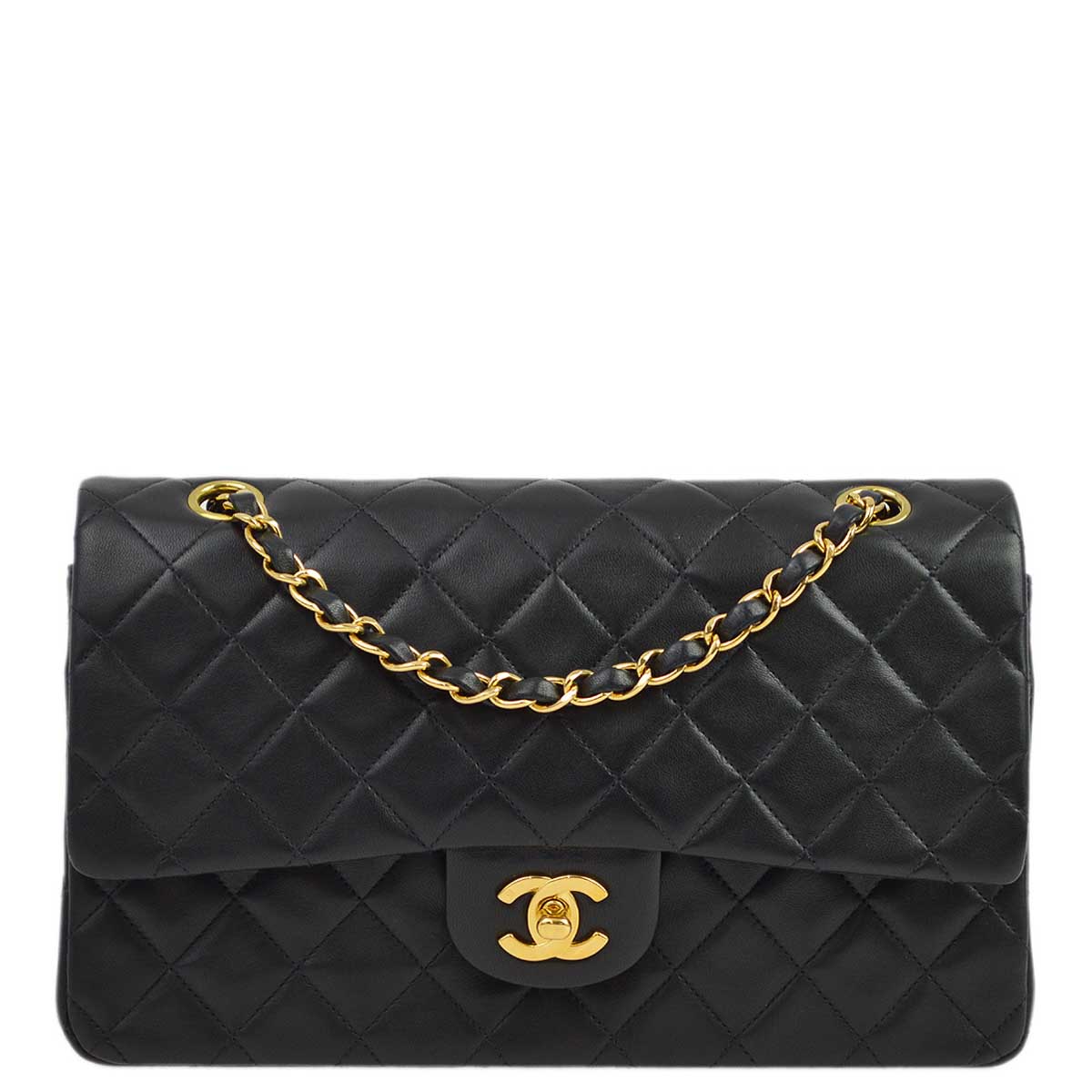 Image of Chanel 1997-1999 Black Lambskin Medium Classic Double Flap Shoulder Bag