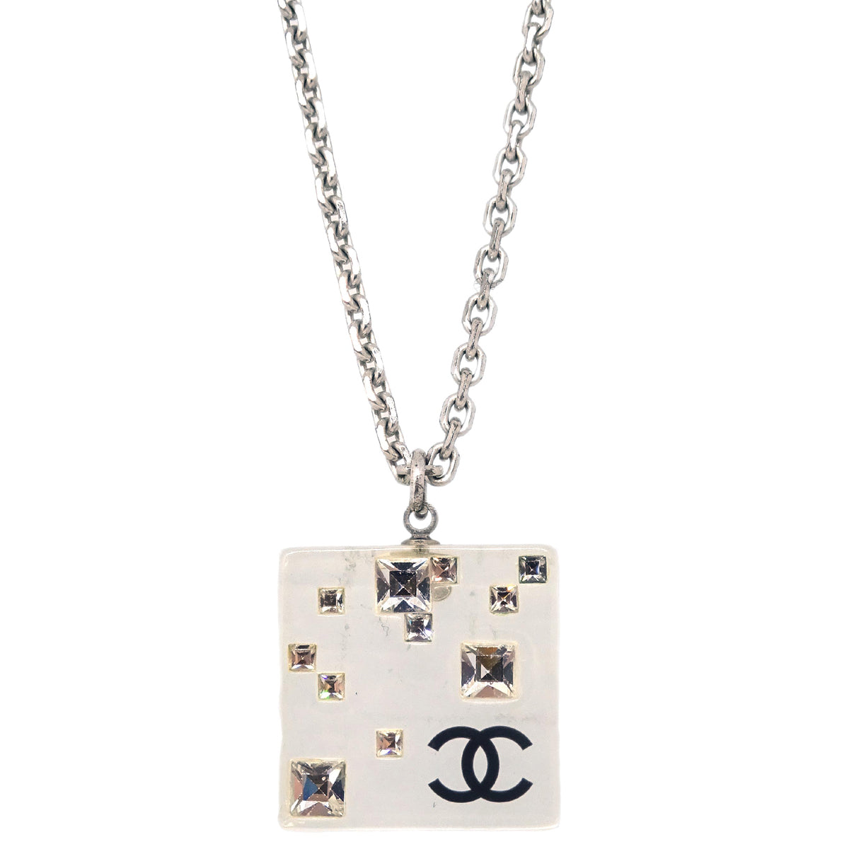 image of Chanel Silver Square Necklace Pendant Rhinestone 05A