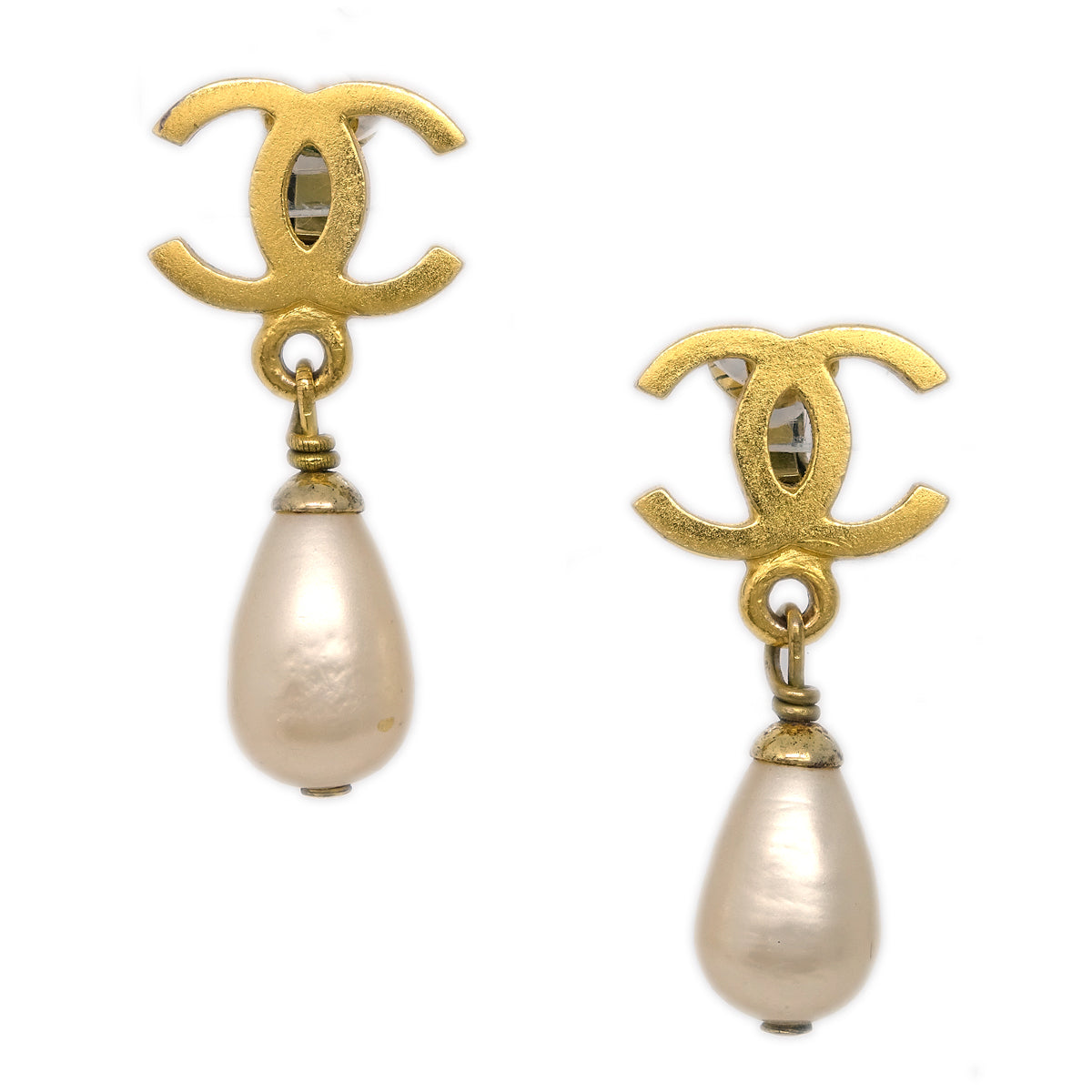 Image of Chanel Artificial Pearl Dangle Earrings Clip-On Gold 95P