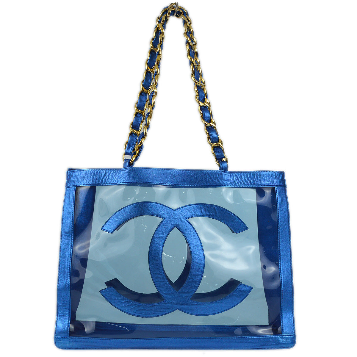 image of Chanel 1994-1996 Metallic Blue Vinyl Lambskin Shoulder Tote Bag