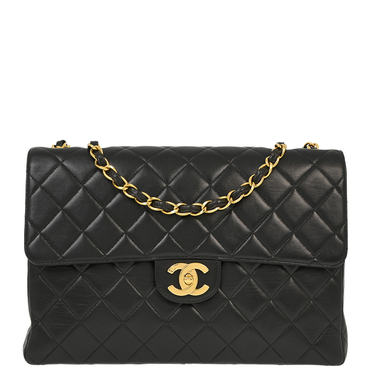 Image of Chanel 1996-1997 Black Lambskin Jumbo Classic Flap Shoulder Bag