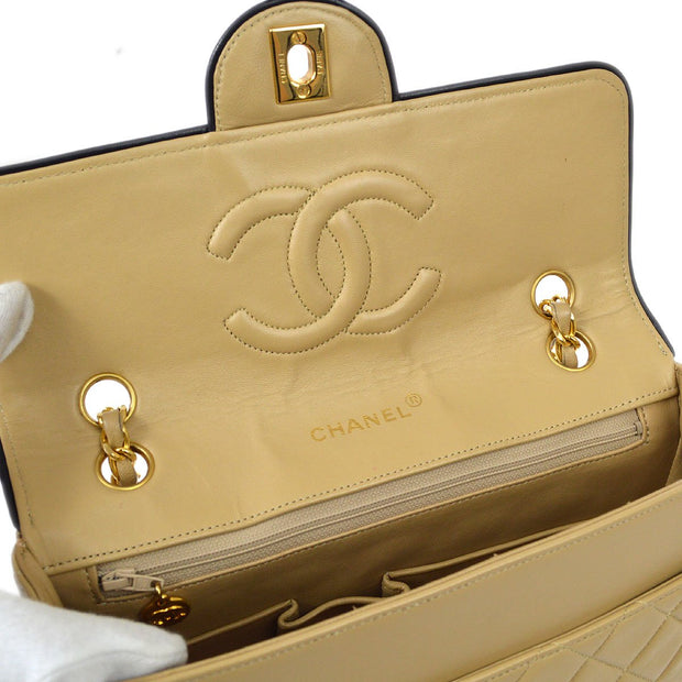 CHANEL 1989-1991 Beige Lambskin Quilted Contrast Piping Square Flap Bag