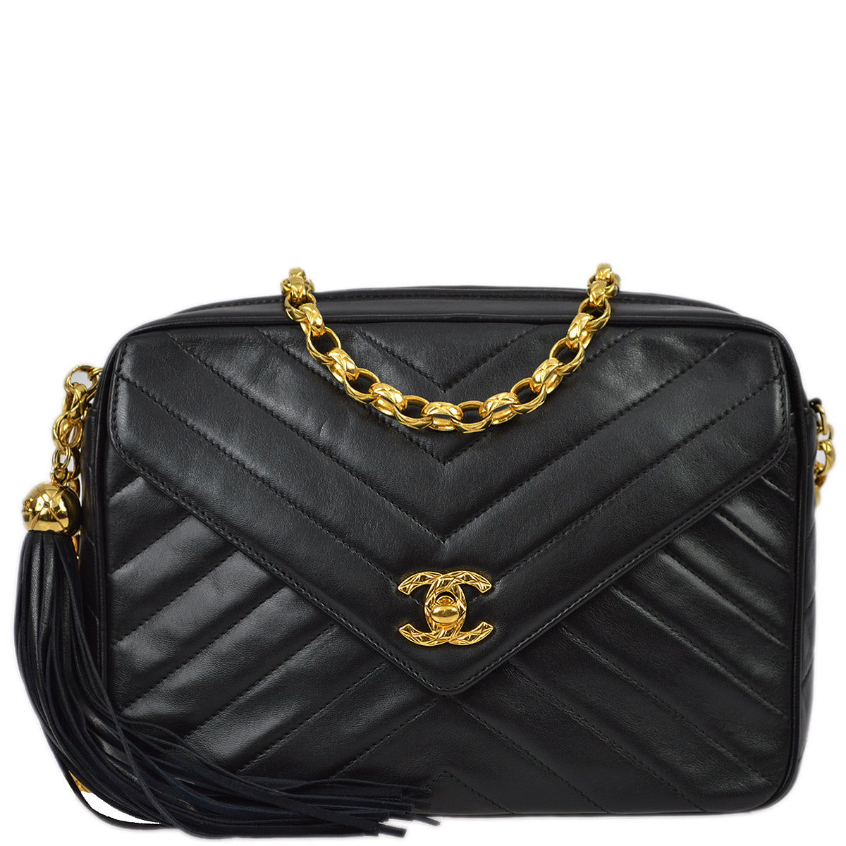 image of Chanel 1991-1994 Black Lambskin Small Chevron Pocket Camera Bag