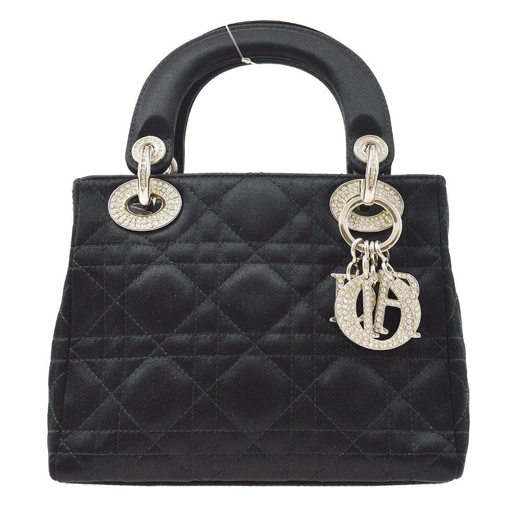 mini lady dior bag in black cannage satin with rhinestones