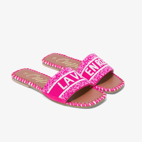 summer capsule essentials flat sandals with pink beads on the upper and text La Vie En Rose