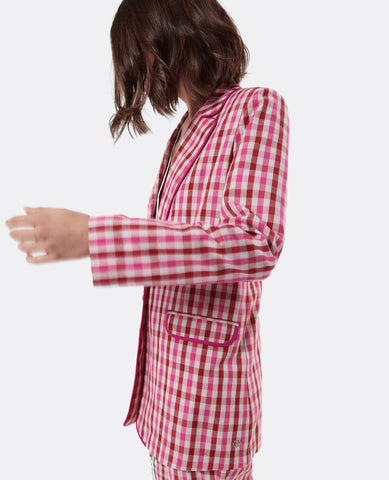 summer capsule women blazer regular fit with pink white and deep red checkered pattern