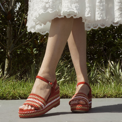 NUR ITALY Raffia Wedge, Ankle Strap, Color Red, White and Cream