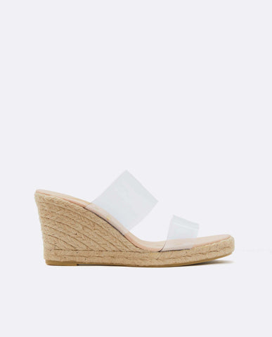 summer capsule mid height wedge with jute sole and two transparent vinyl bands on upper